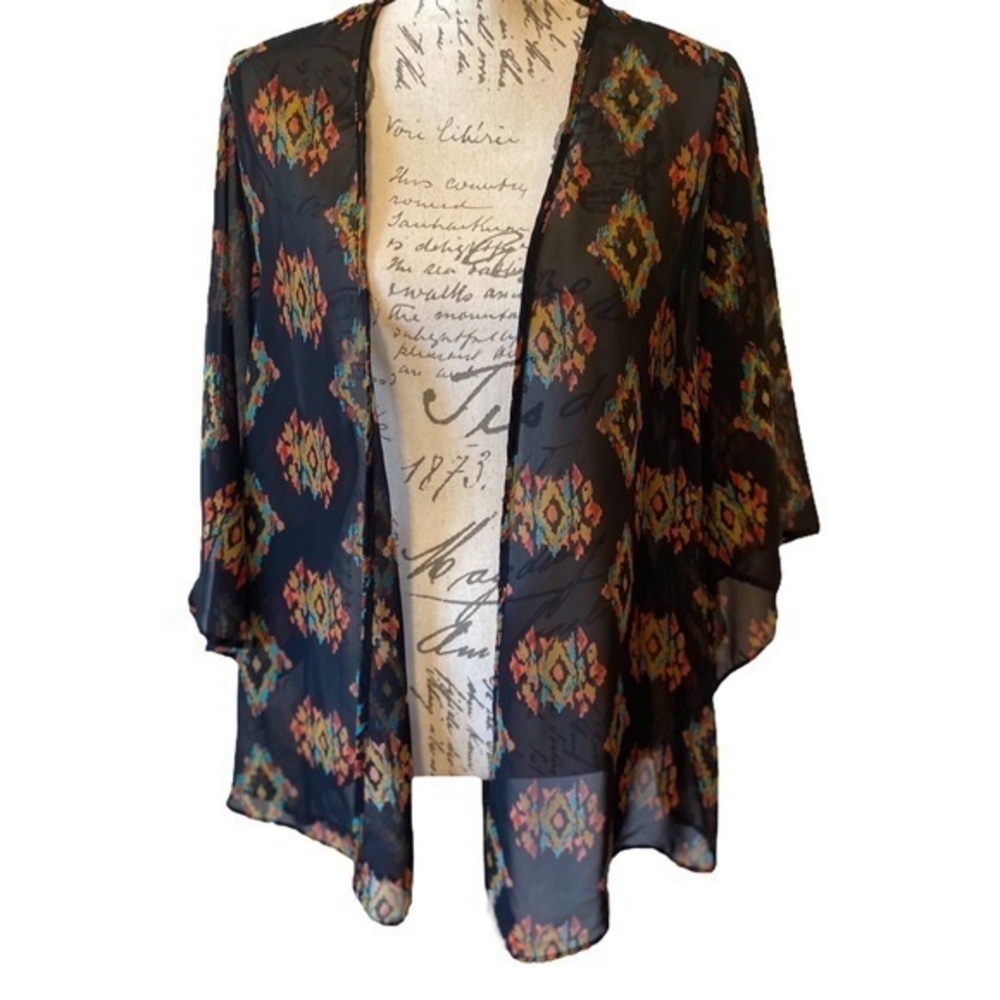 Elodie Women's Black Multi-Colored Sheer Short Sleeve Open Cardigan Top Size XS